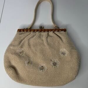 Vintage 60s Corde Beaded Purse Clutch Gold Clasp Made in Hong Kong Ivory